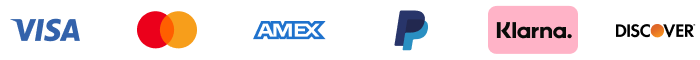 Logos of various payment methods including Visa, Mastercard, AMEX, PayPal, Klarna, and Discover.